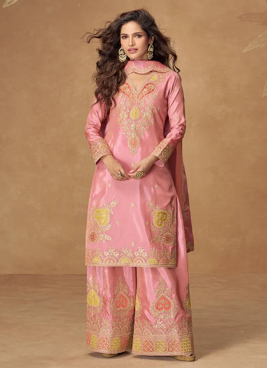 Blush Pink Simar Silk Palazzo Suit with Zari Embroidery For Pakistani Wedding and Indian Festival