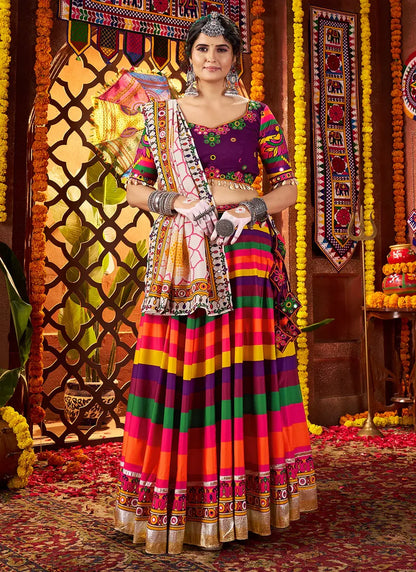 Striped Multicolor Maslin Navratri Chaniya Choli with Traditional Mirror Work