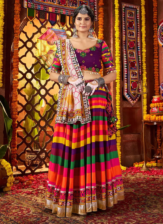 Striped Multicolor Maslin Navratri Chaniya Choli with Traditional Mirror Work