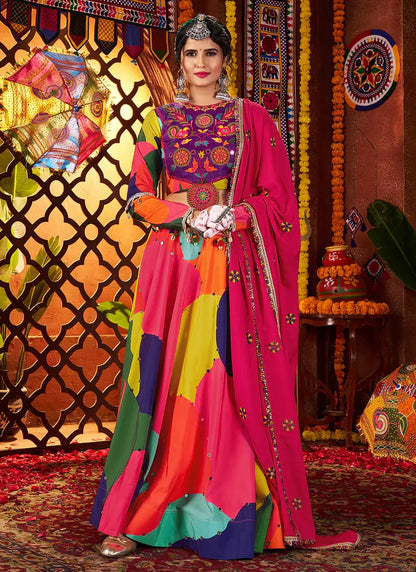 Vibrant Maslin Multicolor Navratri Chaniya Choli Set with Embroidered Mirror Work