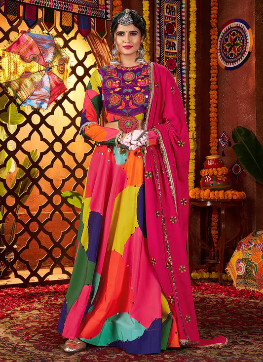 Vibrant Maslin Multicolor Navratri Chaniya Choli Set with Embroidered Mirror Work