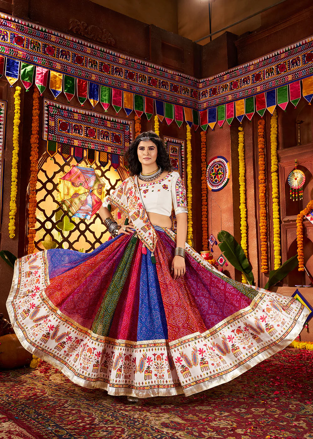 Designer Multicolor Georgette Navratri Chaniya Choli with Mirror & Thread Work