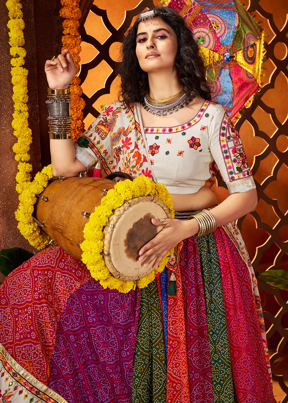 Designer Multicolor Georgette Navratri Chaniya Choli with Mirror & Thread Work