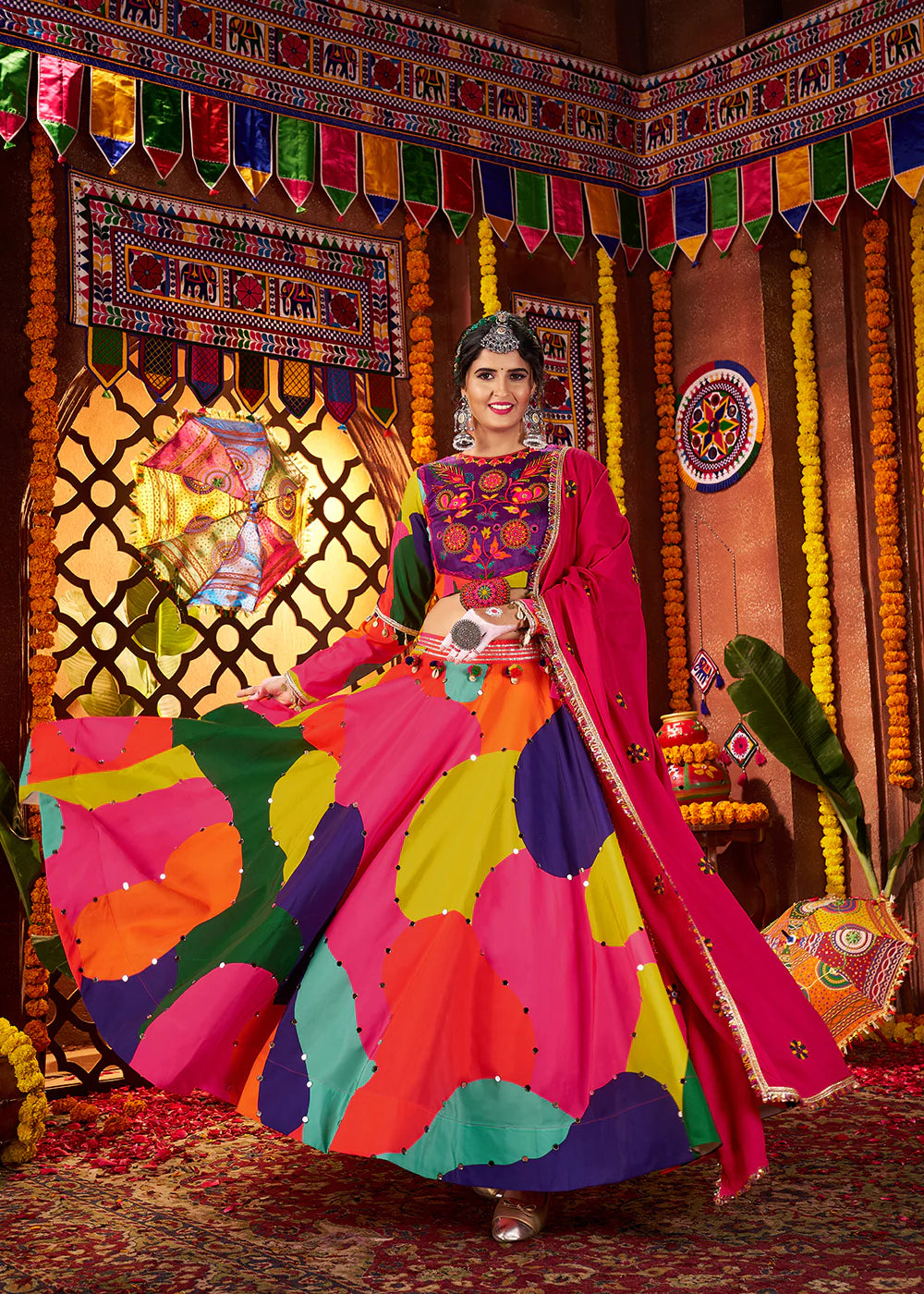 Vibrant Maslin Multicolor Navratri Chaniya Choli Set with Embroidered Mirror Work