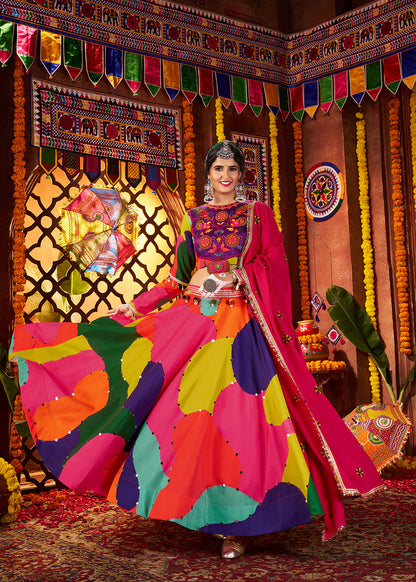 Vibrant Maslin Multicolor Navratri Chaniya Choli Set with Embroidered Mirror Work