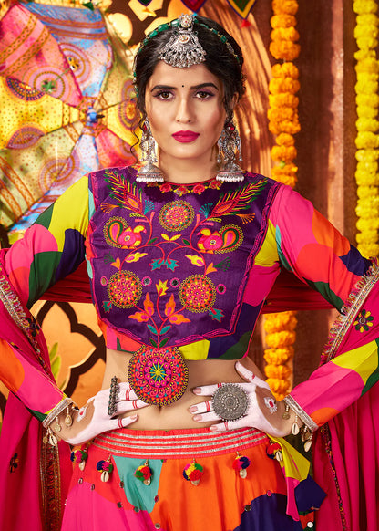 Vibrant Maslin Multicolor Navratri Chaniya Choli Set with Embroidered Mirror Work