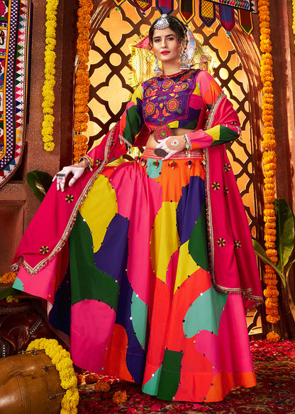 Vibrant Maslin Multicolor Navratri Chaniya Choli Set with Embroidered Mirror Work