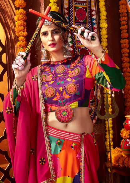 Vibrant Maslin Multicolor Navratri Chaniya Choli Set with Embroidered Mirror Work