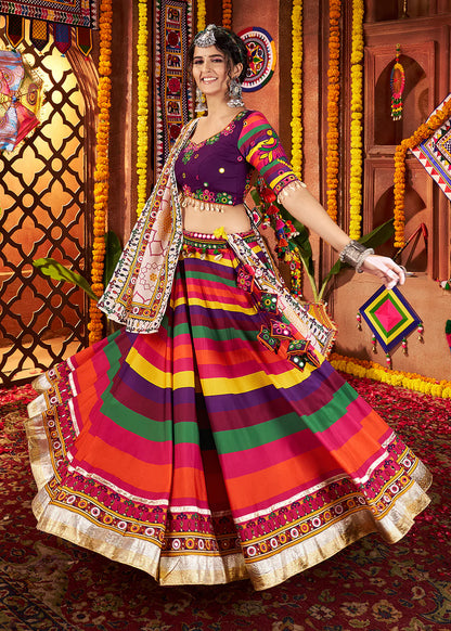 Striped Multicolor Maslin Navratri Chaniya Choli with Traditional Mirror Work