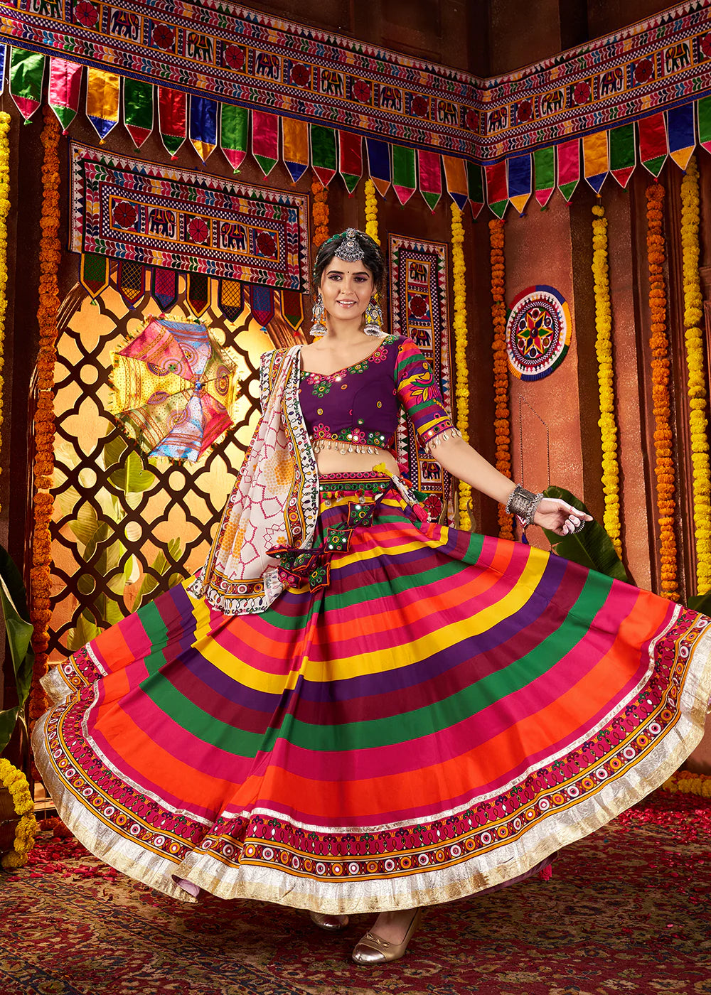 Striped Multicolor Maslin Navratri Chaniya Choli with Traditional Mirror Work
