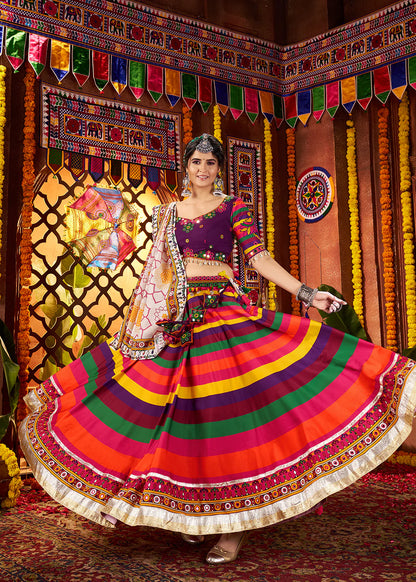 Striped Multicolor Maslin Navratri Chaniya Choli with Traditional Mirror Work