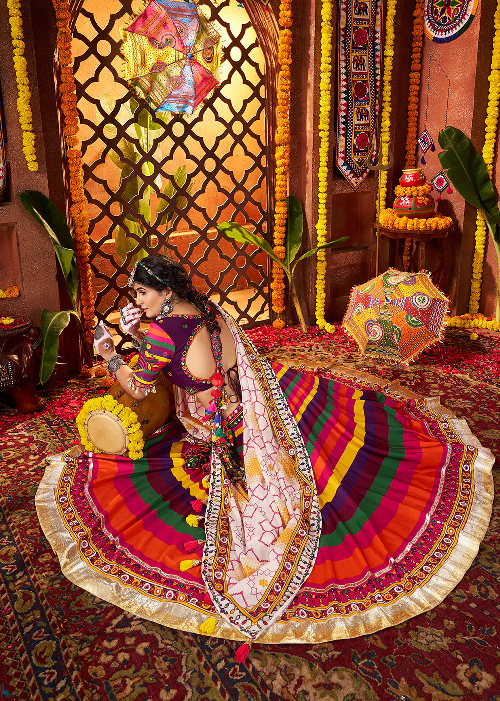 Striped Multicolor Maslin Navratri Chaniya Choli with Traditional Mirror Work