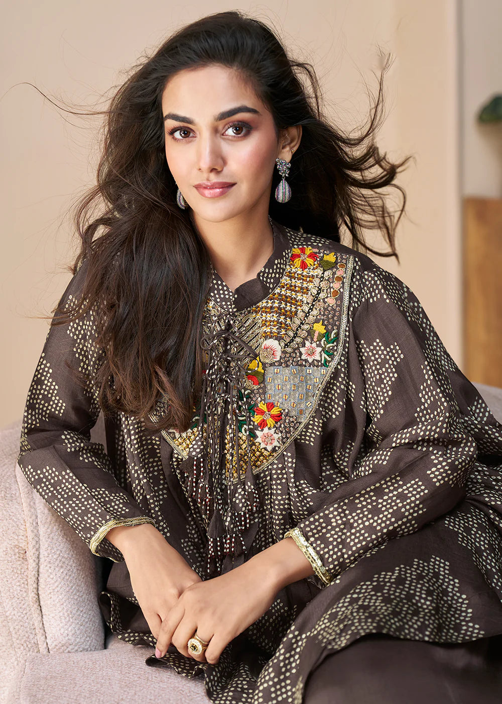 Designer Dark Brown Poncho Style Palazzo Suit – Mirror & Thread Embroidered