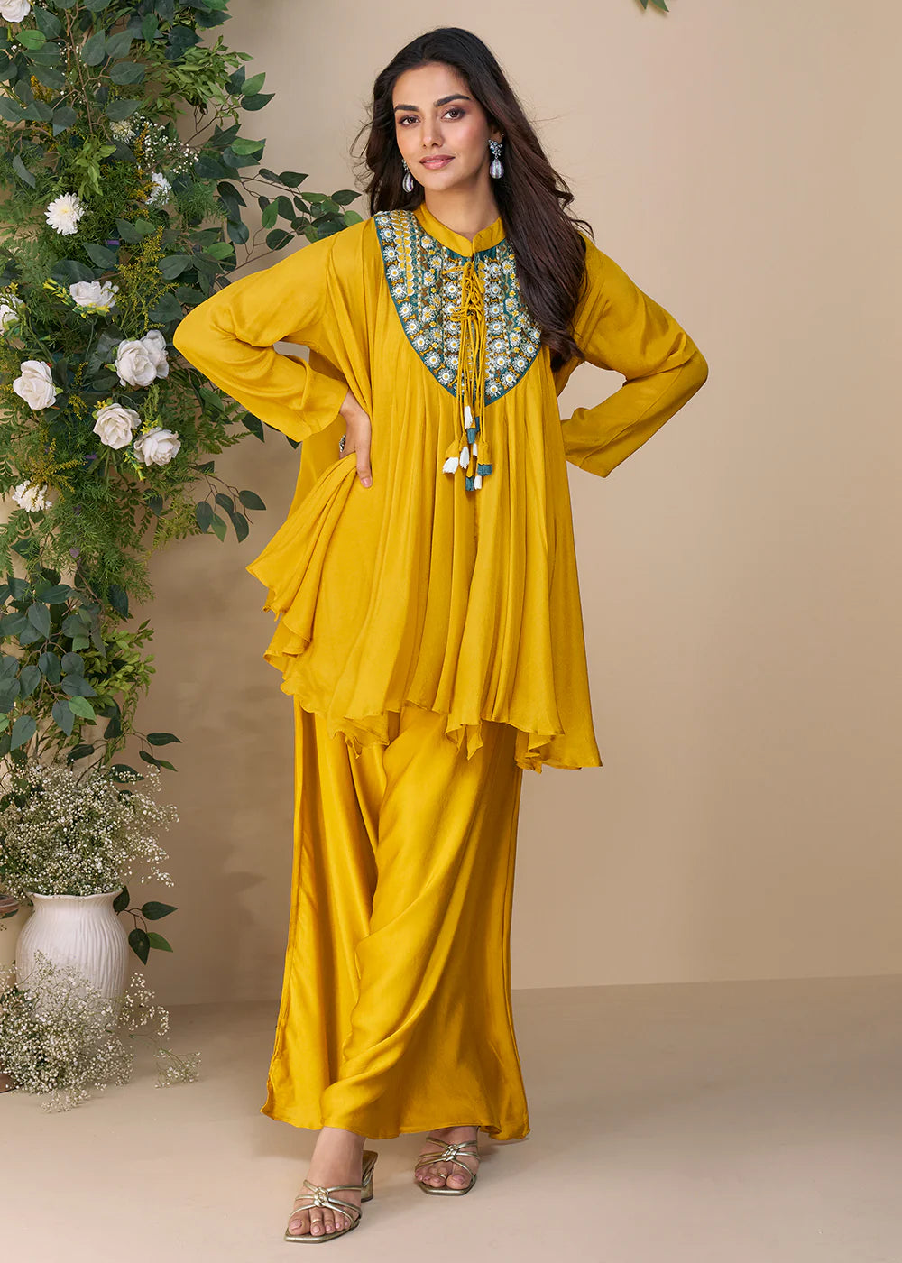 Designer Yellow Poncho Style Palazzo Suit in Chinon – Mehndi & Haldi Wear