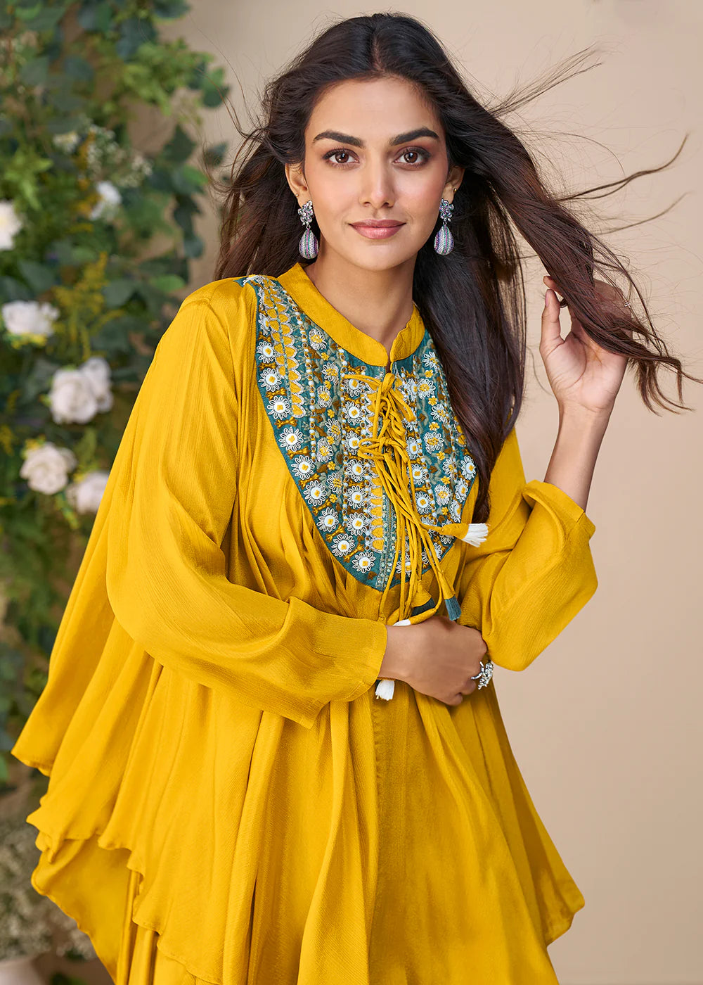 Designer Yellow Poncho Style Palazzo Suit in Chinon – Mehndi & Haldi Wear