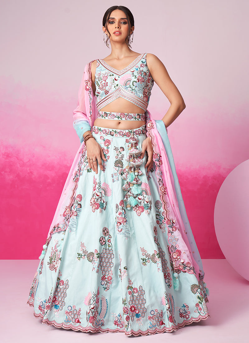 Luxurious Turquoise Silk Lehenga Choli with Sequins