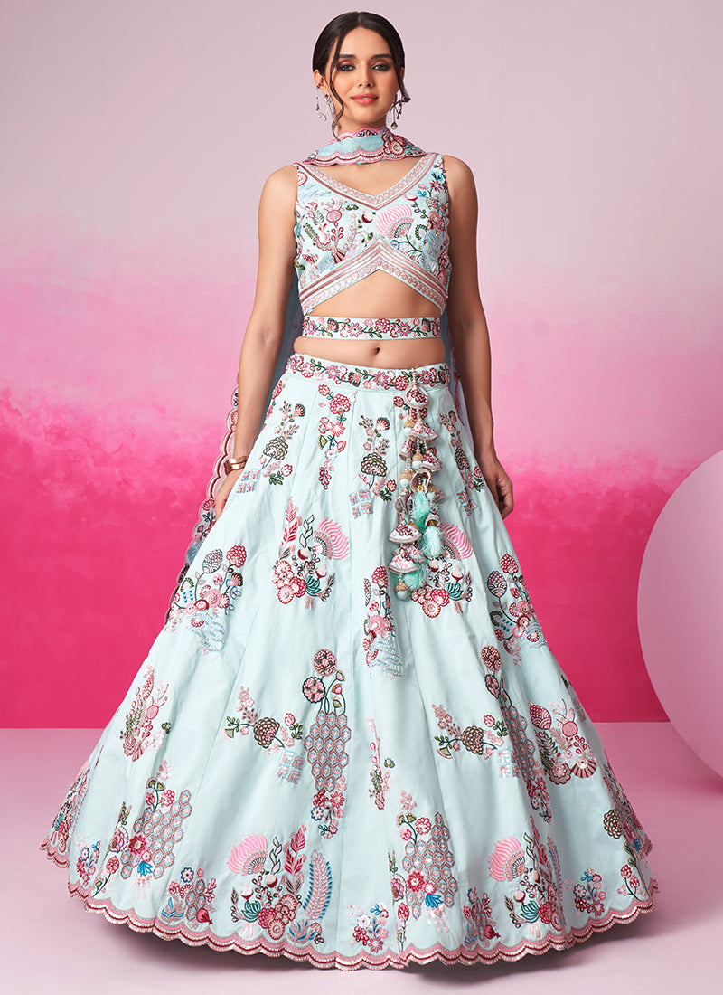 Luxurious Turquoise Silk Lehenga Choli with Sequins