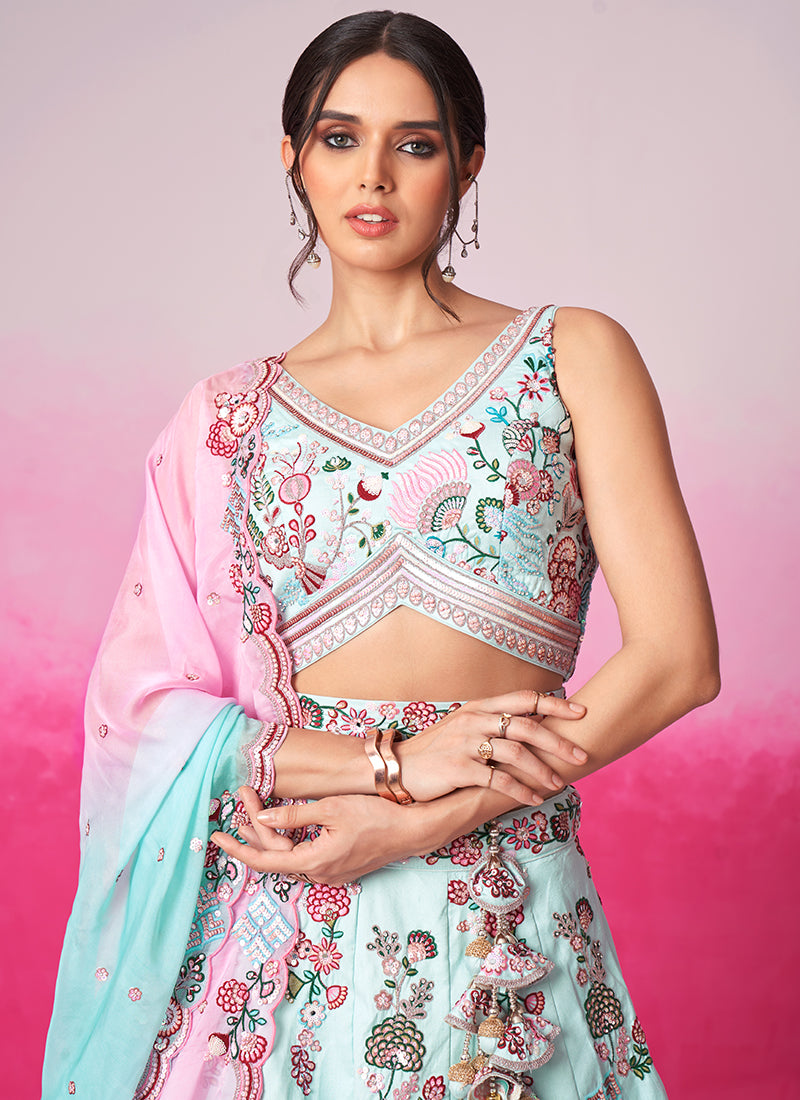 Luxurious Turquoise Silk Lehenga Choli with Sequins