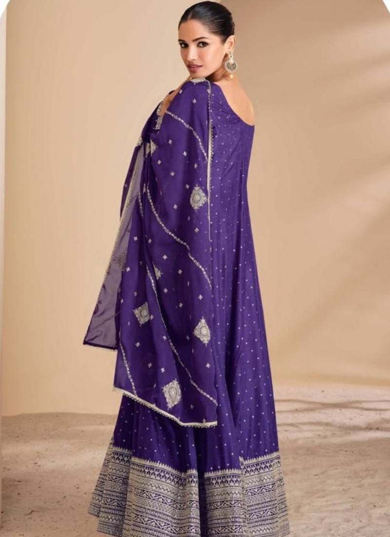 Purple Viscose Jacquard Silk Gown with Dupatta for Indian Festival and Wedding – Embroidery, Mirror Work