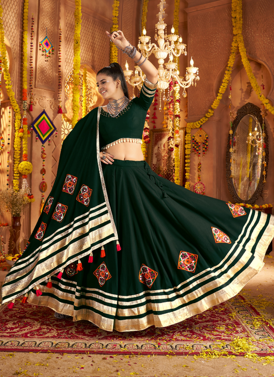 Dark Green Chaniya Choli With Dupatta For Navratri Garba – Mirror, Thread, Embroidery Work – Navratri 2025 Collection