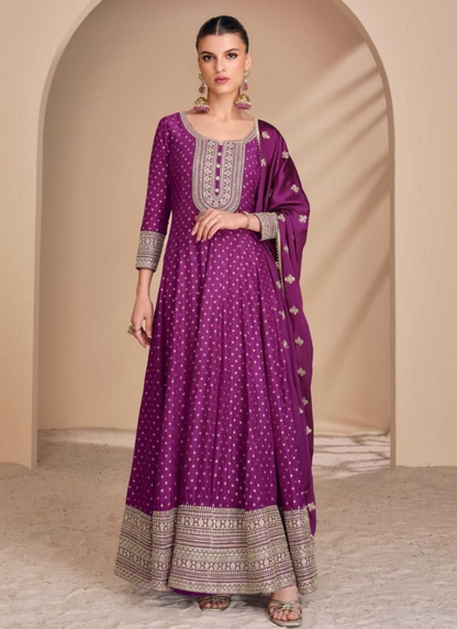 Magenta Purple Viscose Jacquard Silk Gown with Dupatta for Indian Festivals and Weddings - Exquisite Embroidery and Thread Work