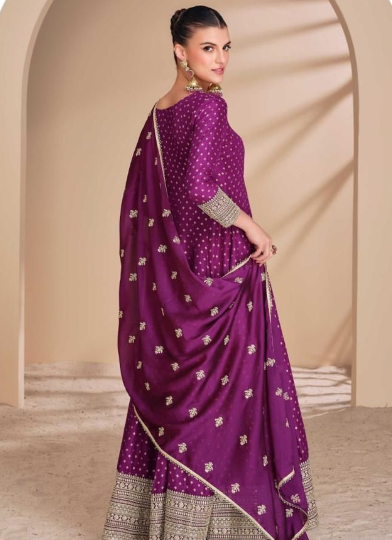 Magenta Purple Viscose Jacquard Silk Gown with Dupatta for Indian Festivals and Weddings - Exquisite Embroidery and Thread Work