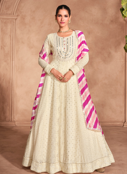 Off White Chikankari Embroidered Anarkali Gown with Striped Dupatta – Perfect for Indian and Pakistani Wedding