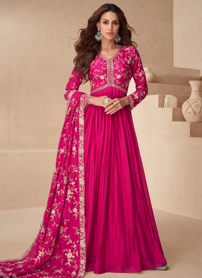 Rani Pink Chinnon Silk Embroidery Anarkali Gown with Dupatta for Indian Festival and Pakistani Wedding - Thread Work