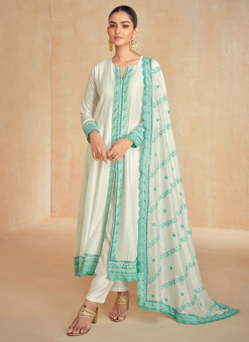 Off White Silk Anarkali Suit with Blue Embroidery and Dupatta 