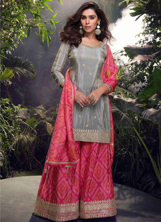 Grey and Pink Chinnon Silk Sharara Suit with Dupatta -Perfect for Indian Wedding & Pakistani Festival