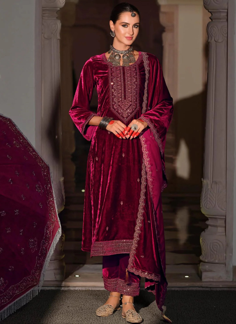 Buy Deep Wine Velvet Embroidery Pakistani Suit with Dupatta