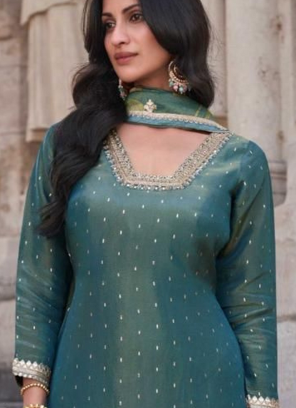 Teal Sharara Suit with Zari Embroidery Perfect for Festivals & Weddings