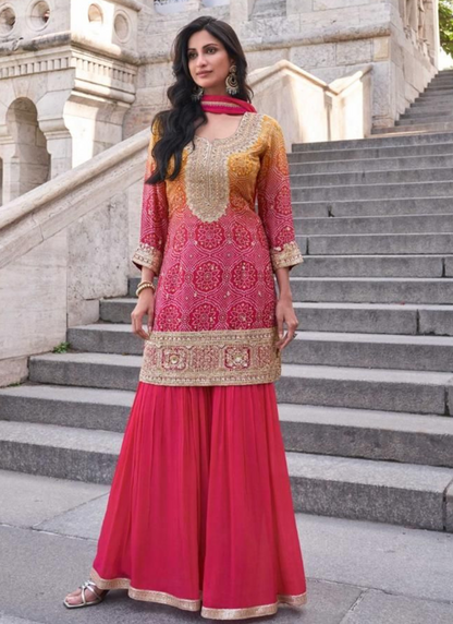 Ombre Orange & Pink Sharara Suit with Intricate Embroidery