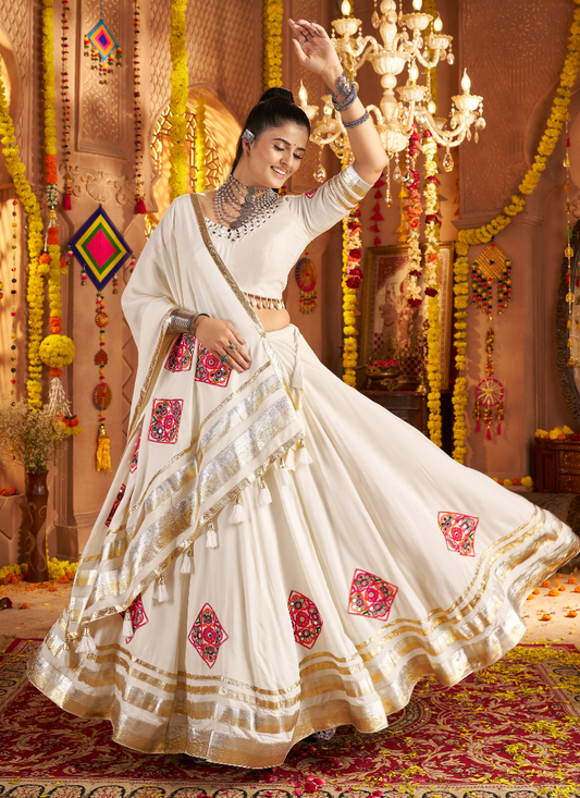 Off-White Mirror Embroidered Chaniya Choli With Dupatta For Indian Festival And Garba Nights
