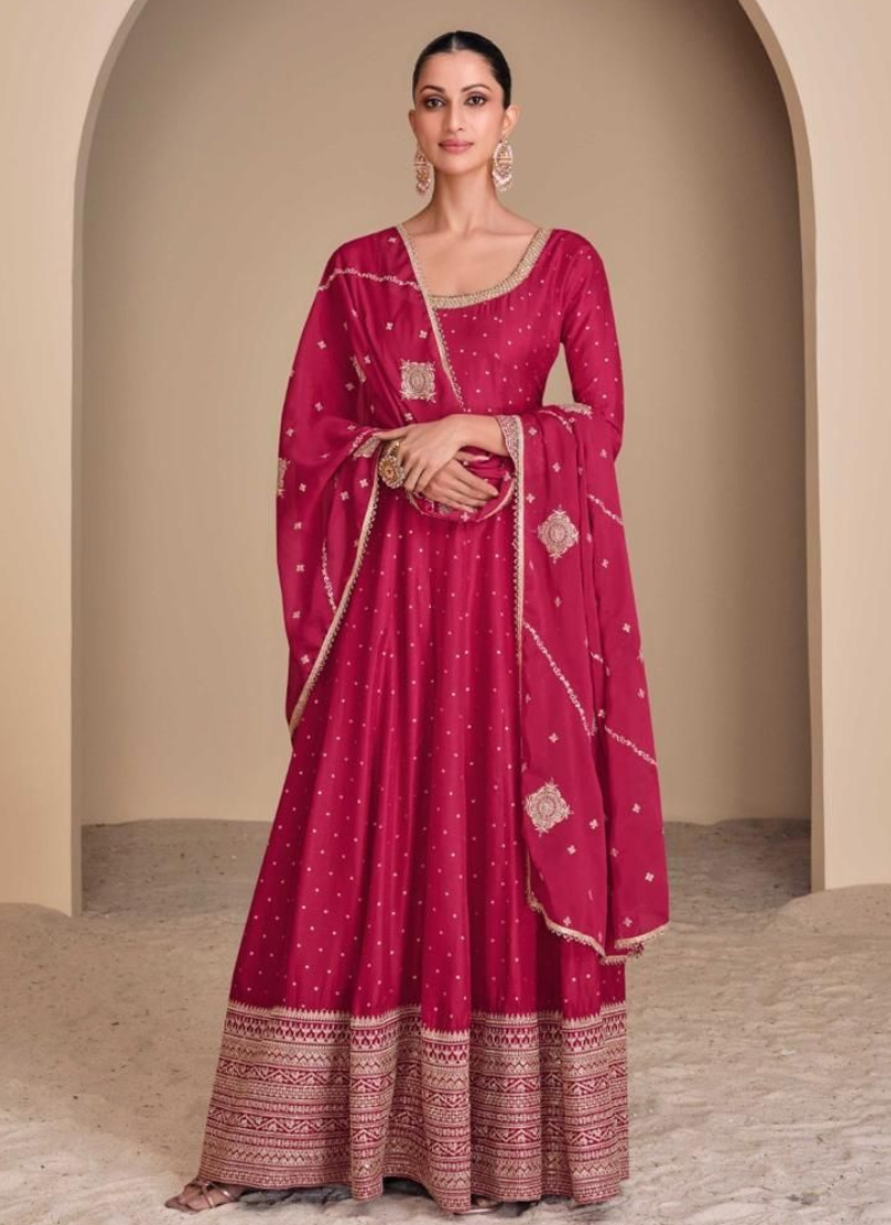 Red Viscose Jacquard Silk Gown with Dupatta for Indian Festivals and Weddings - Exquisite Embroidery and Thread Work