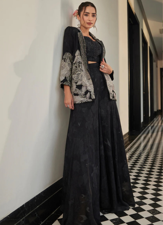 Designer Black Embroidered Floral Jacket with Flared Pants Set for Indian Pakistani Festival Party Wear