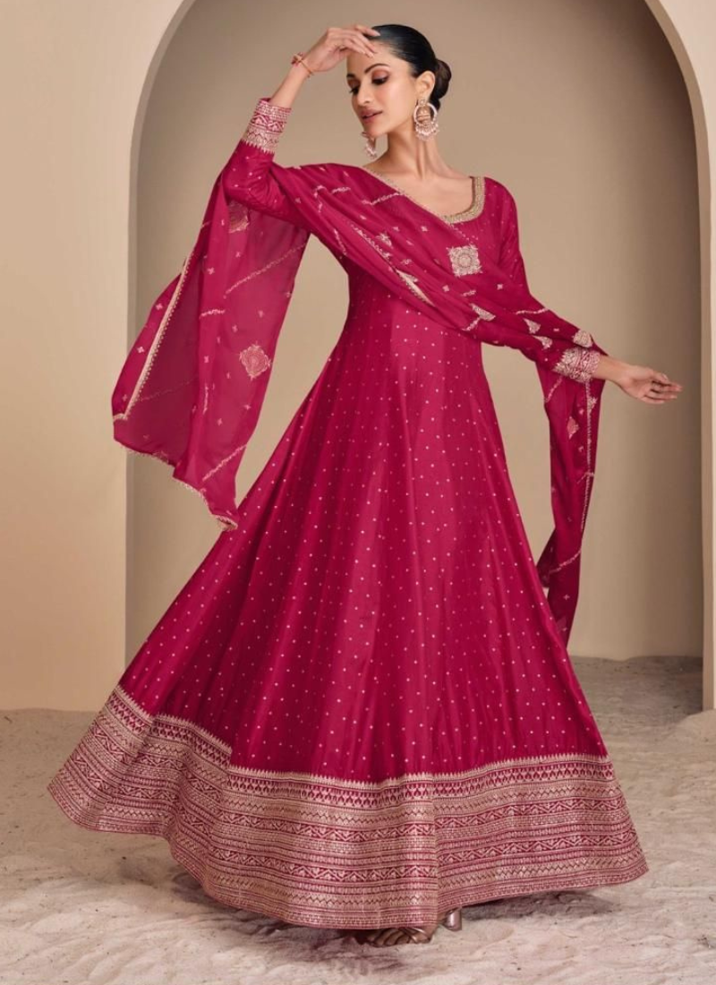 Red Viscose Jacquard Silk Gown with Dupatta for Indian Festivals and Weddings - Exquisite Embroidery and Thread Work