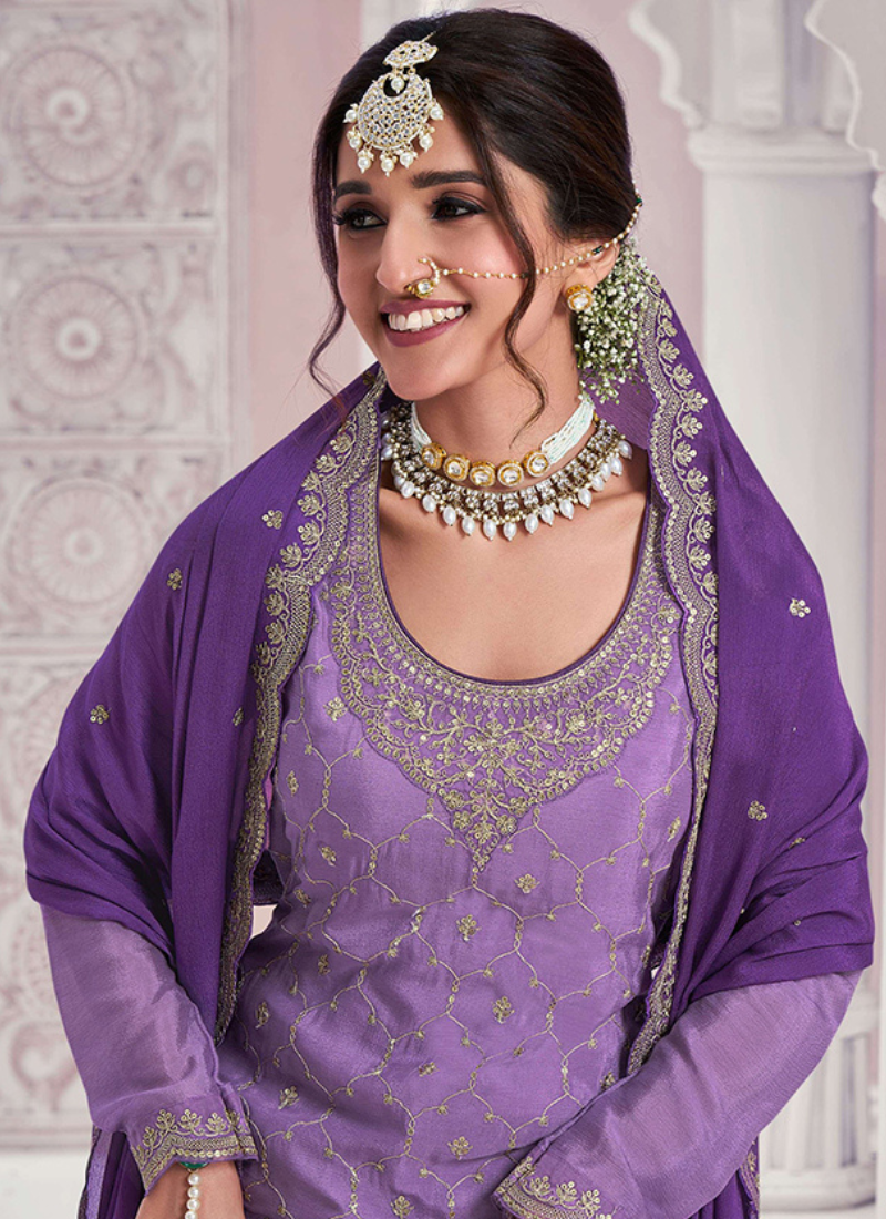 Purple Chinnon Embroidered Sharara Suit with Dupatta for Indian Weddings and Pakistani Festivals