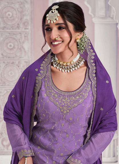 Purple Chinnon Embroidered Sharara Suit with Dupatta for Indian Weddings and Pakistani Festivals