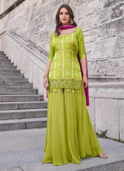 Chinon Silk Lime Green Sharara for Wedding & Festive Wear