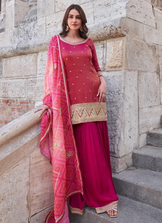 Elegant Magenta Sharara Suit with Embroidery Work