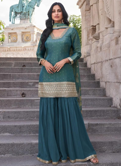 Teal Sharara Suit with Zari Embroidery Perfect for Festivals & Weddings