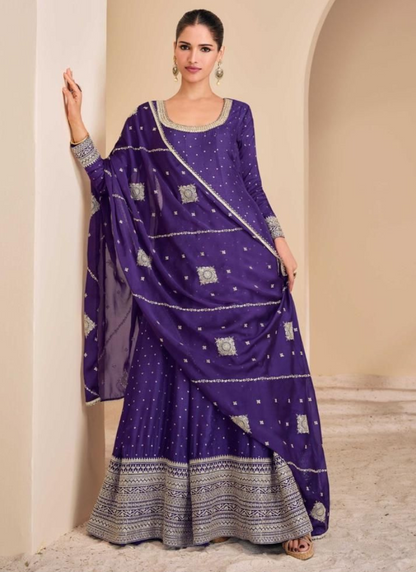 Purple Viscose Jacquard Silk Gown with Dupatta for Indian Festival and Wedding – Embroidery, Mirror Work