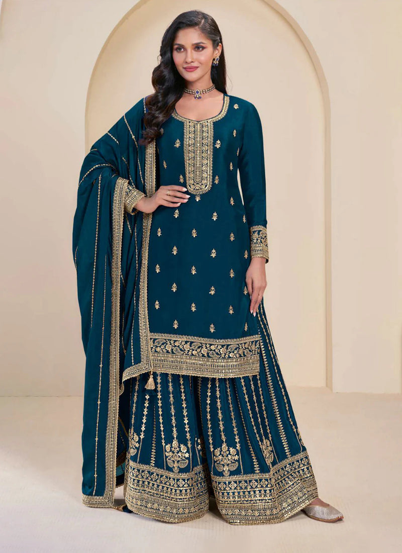 Buy Blue Chinnon Embroidered Sharara Suit with Dupatta for Indian Weddings and Pakistani Festivals 