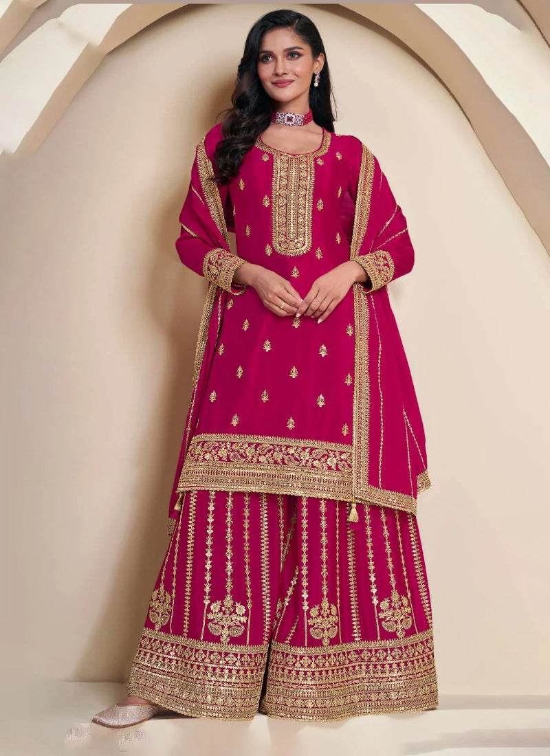 Shop Pink Chinnon Embroidered Sharara Suit with Dupatta for Indian Weddings and Pakistani Festivals 