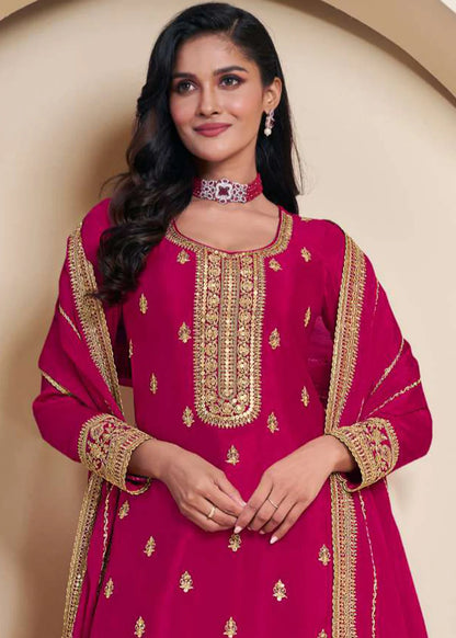 Pink Chinnon Embroidered Sharara Suit with Dupatta for Indian Weddings and Pakistani Festivals