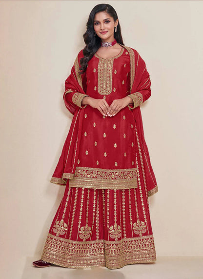 Buy Red Chinnon Embroidered Sharara Suit with Dupatta for Indian Weddings and Pakistani Festivals