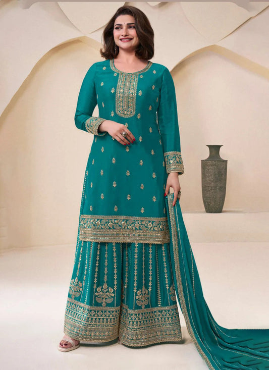 Turquoise Chinnon Embroidered Sharara Suit with Dupatta for Indian Weddings and Pakistani Festivals