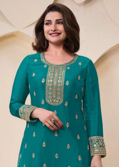 Turquoise Chinnon Embroidered Sharara Suit with Dupatta for Indian Weddings and Pakistani Festivals