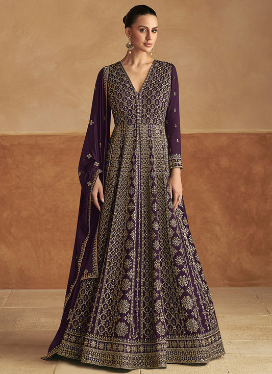 Shop Online Wine Chinnon Embroidered Anarkali Gown with Dupatta for Indian Wedding and Pakistani Festival